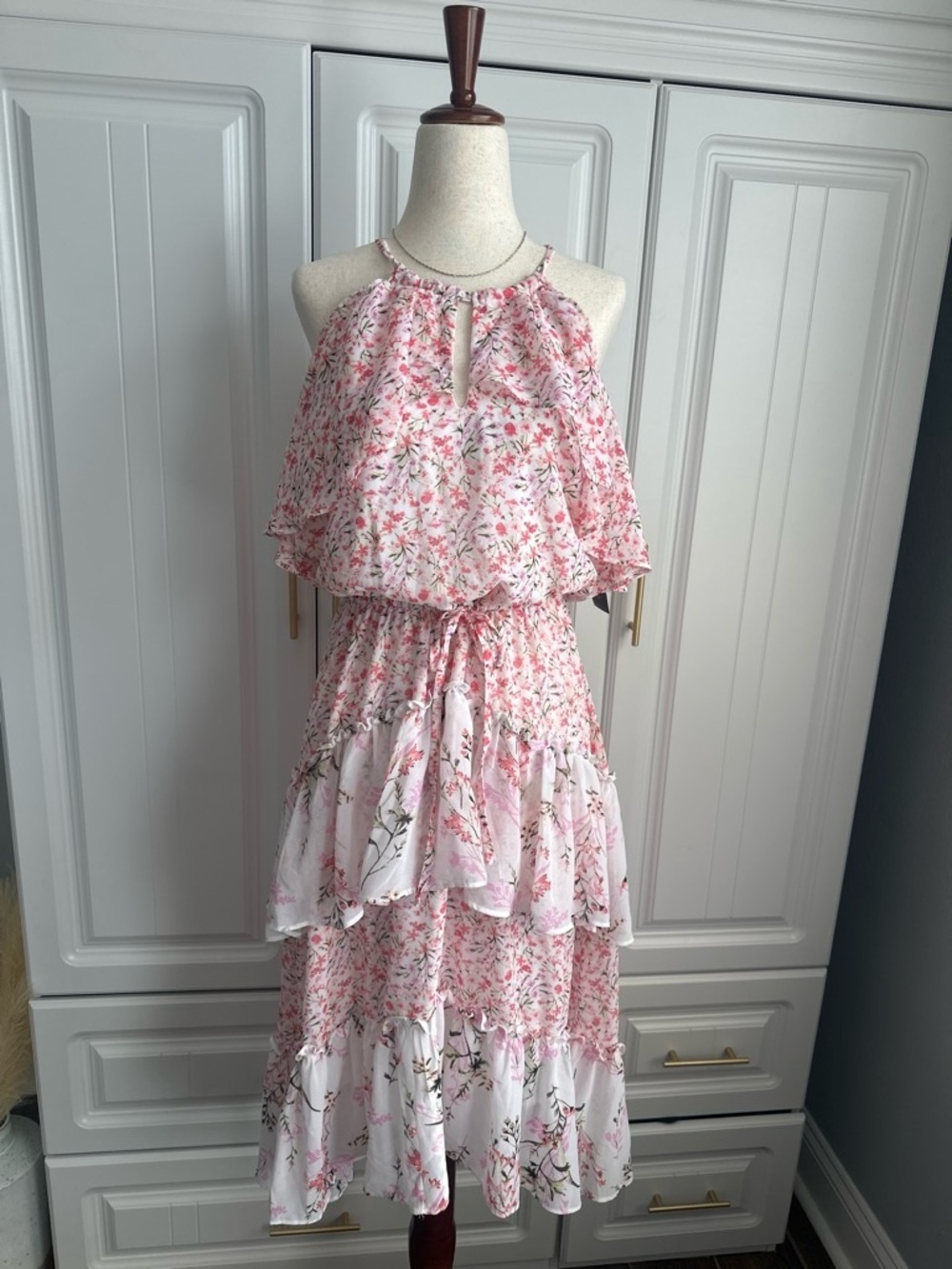 New York & Co Pink Floral Tiered Halter Maxi Dress